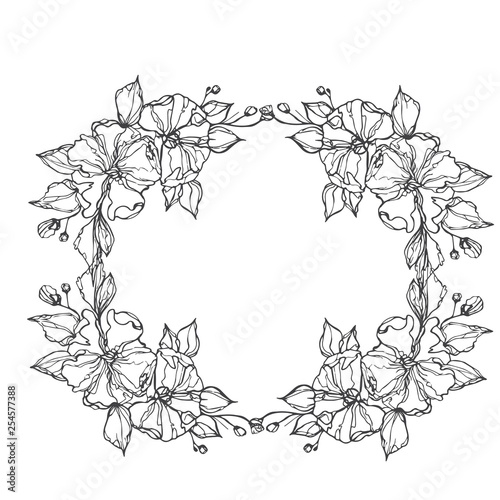 Vector flowers decorative wreath isolated on white background, round frame hand drawn Doodle vector sketch herbal line art graphic design for greeting card, invitation, wedding design