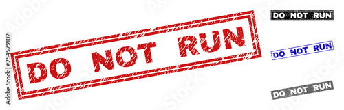 Grunge DO NOT RUN rectangle stamp seals isolated on a white background. Rectangular seals with grunge texture in red, blue, black and gray colors.