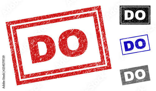 Grunge DO rectangle stamp seals isolated on a white background. Rectangular seals with grunge texture in red, blue, black and grey colors. Vector rubber imprint of DO caption inside rectangle borders.