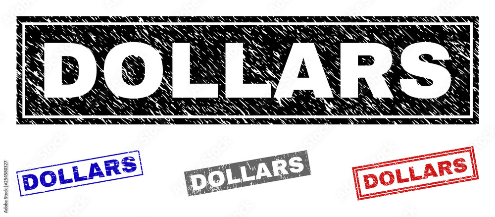 Grunge DOLLARS rectangle stamps isolated on a white background. Rectangular seals with grunge texture in red, blue, black and gray colors.