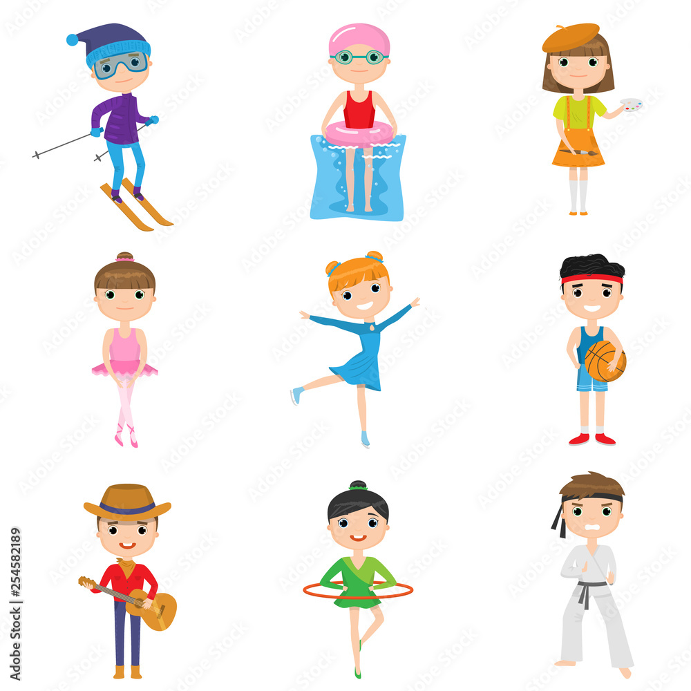 Set of child activities and hobbies isolated against white background