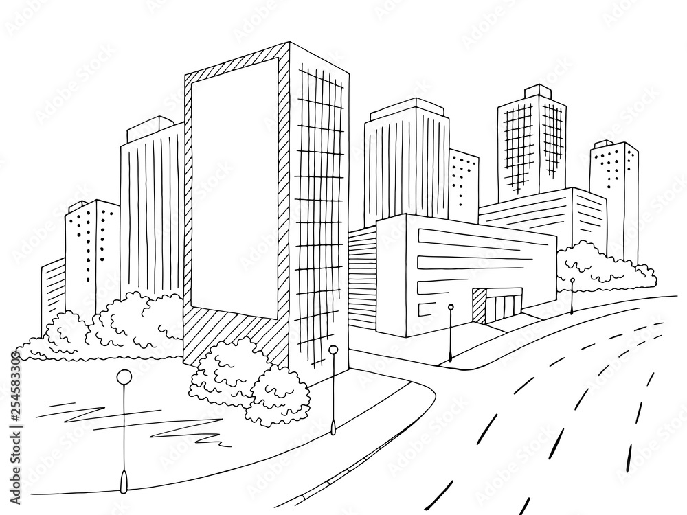 Building billboard graphic black white street city landscape sketch illustration vector