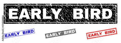 Grunge EARLY BIRD rectangle stamp seals isolated on a white background. Rectangular seals with distress texture in red, blue, black and grey colors.