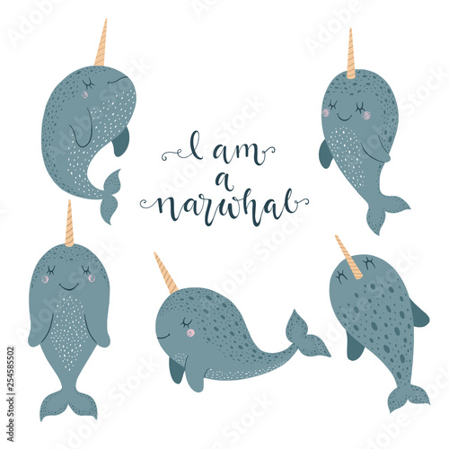 Set of cute vector illustration with narwhal baby for baby wear and invitation card. photo