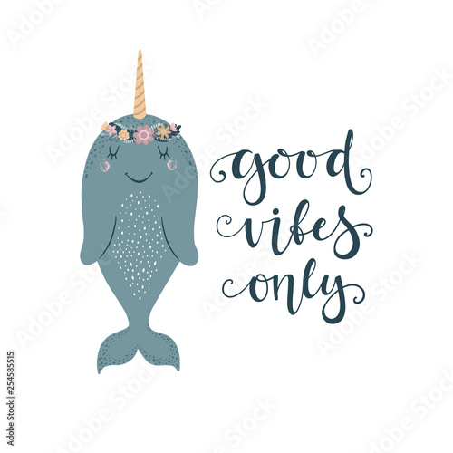 Cute vector illustration with narwhal baby for baby wear and invitation card.