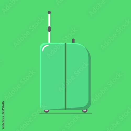 Green suitcase for travel in a flat style