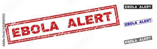 Grunge EBOLA ALERT rectangle stamp seals isolated on a white background. Rectangular seals with grunge texture in red, blue, black and grey colors.