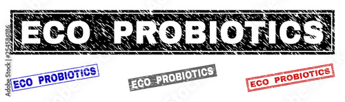 Grunge ECO PROBIOTICS rectangle stamp seals isolated on a white background. Rectangular seals with distress texture in red, blue, black and gray colors.