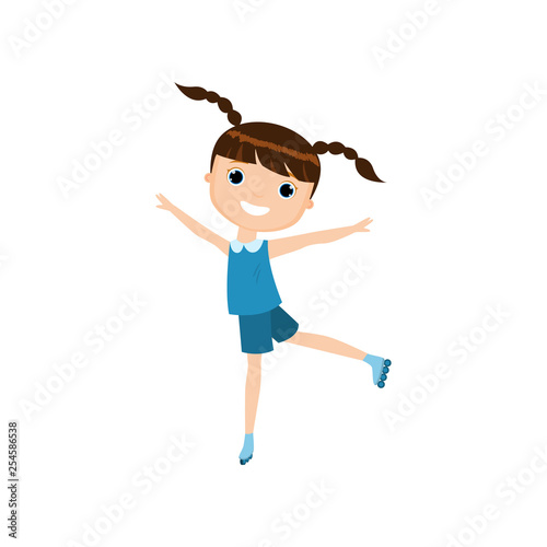 Cute girl riding on rollers isolated against white background