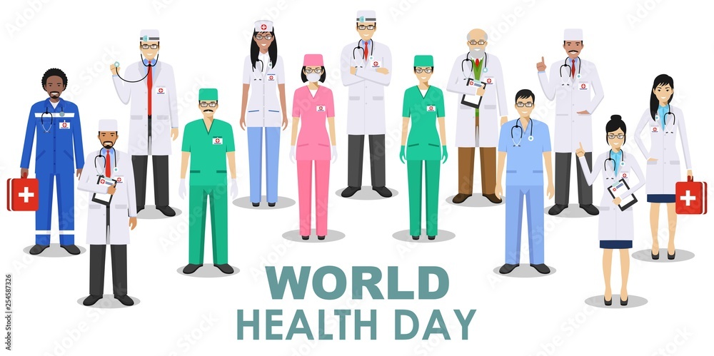 World Health Day. Medical concept. Detailed illustration of doctor and nurses in flat style isolated on white background. Practitioner doctors man and woman standing in different positions. Vector. World Health Day. Medical concept. Detailed illustration of doctor and nurses in flat style isolated on white background. Practitioner doctors man and woman standing in different positions. Vector.