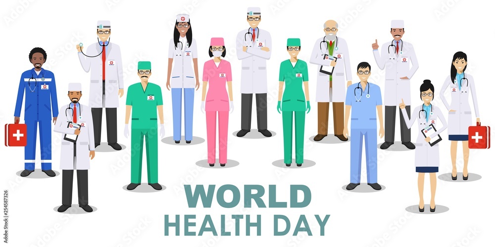 World Health Day. Medical concept. Detailed illustration of doctor and nurses in flat style isolated on white background. Practitioner doctors man and woman standing in different positions. Vector.