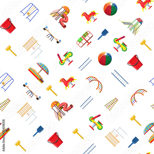 Kids playground kindergarten seamless pattern. Urban child amusement. Slide ladder, rocking toy, slide tube, swing, carousel, balancer, sandbox, bucket rake ball scoop. Vector illustration flat style