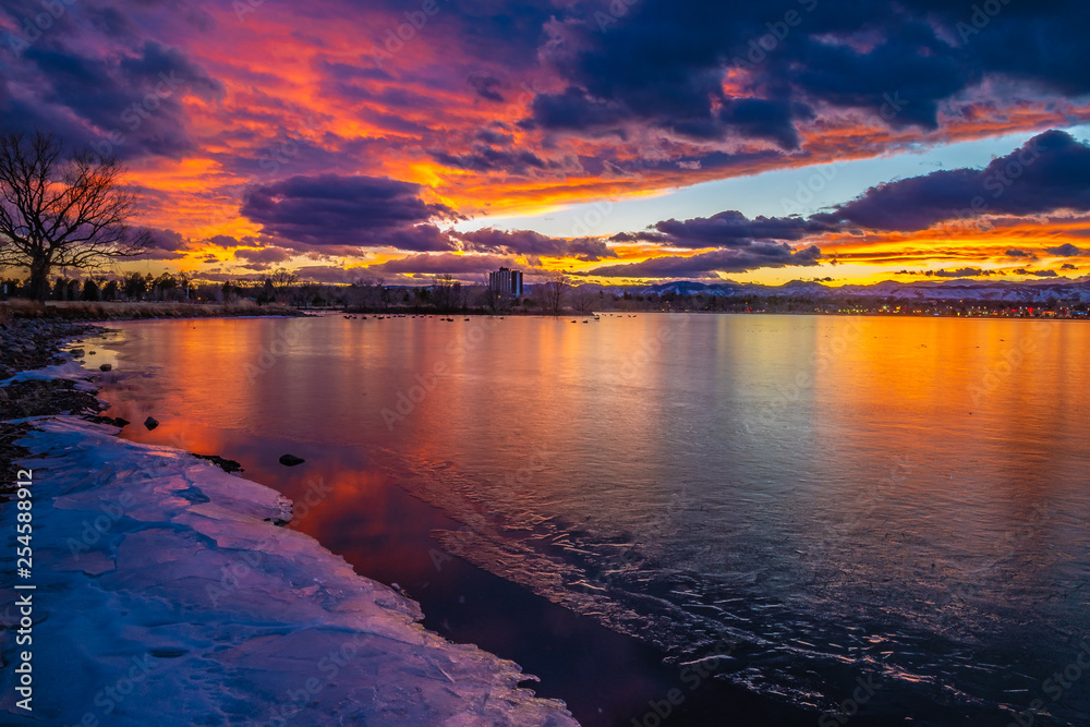 Colorful and Beautiful Sunset Over Sloan's Lake in Denver, Colorado