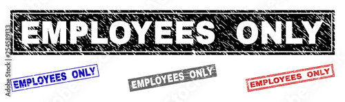 Grunge EMPLOYEES ONLY rectangle stamp seals isolated on a white background. Rectangular seals with grunge texture in red, blue, black and gray colors.