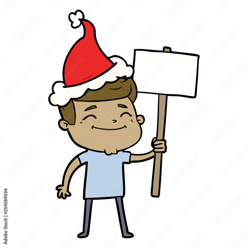happy line drawing of a man with placard wearing santa hat
