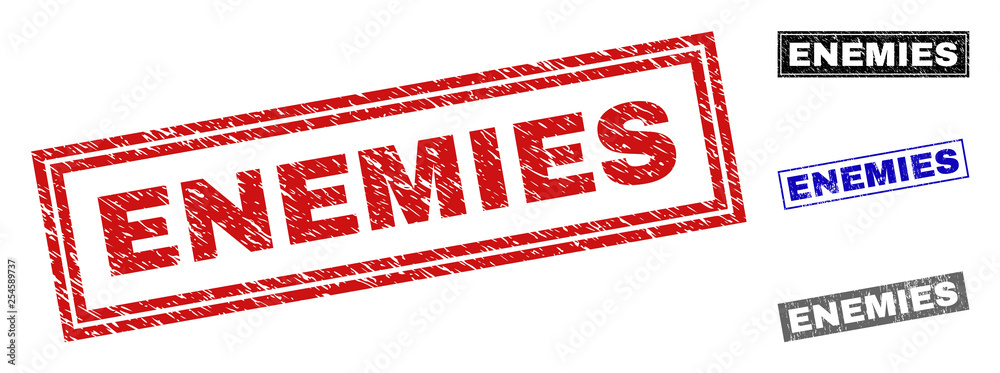 Grunge ENEMIES rectangle stamp seals isolated on a white background. Rectangular seals with grunge texture in red, blue, black and gray colors. Grunge ENEMIES rectangle stamp seals isolated on a white background. Rectangular seals with grunge texture in red, blue, black and gray colors.