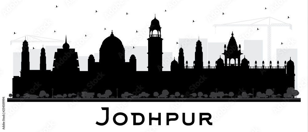 Jodhpur India City Skyline Silhouette with Black Buildings Isolated on White.