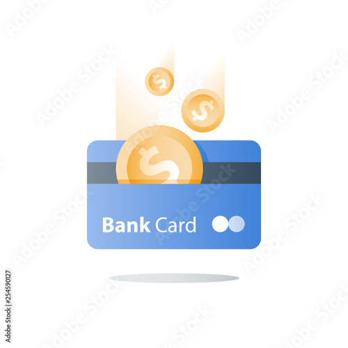 Dollar coin and credit card, payment method, bank services, cash back, financial solution, deposit and withdraw