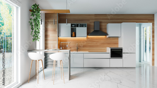 Fotografi Modern white kitchen with wooden wall and marble floor, modern spot lamps, minim