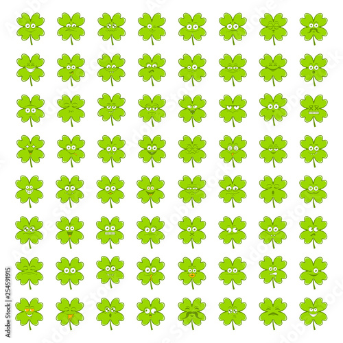Green lucky irish clover big set of cute happy smiley emotions for st.Patricks day vector illustration