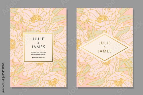 Set of Vintage Wedding Invite template with floral background of flowers peons, with gold decorated banner. Vector invitations
