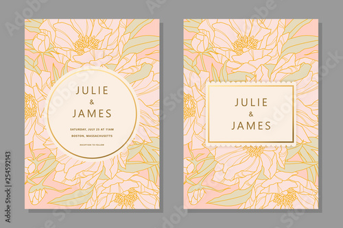 Set of Vintage Wedding Invite template with floral background of flowers peons, with gold decorated banner. Vector invitations