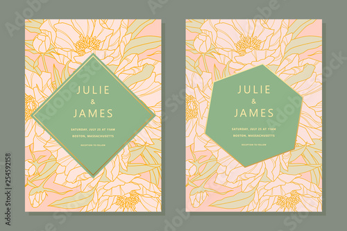 Set of Vintage Wedding Invite template with floral background of flowers peons, with gold decorated banner. Vector invitations