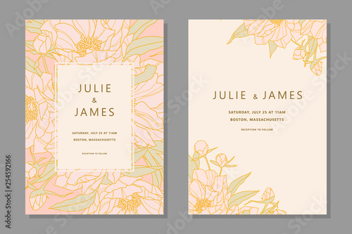 Set of Vintage Wedding Invite template with floral background of flowers peons, with gold decorated banner. Vector invitations