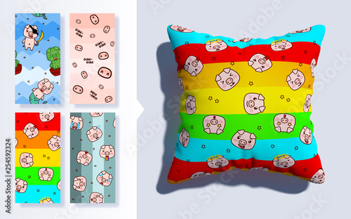 Set of Kawaii seamless pattern with cute pigs. 3d pillow mockup. Vector illustration