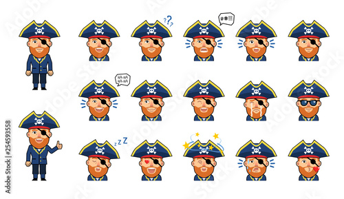 Set of chibi pirate emoticons. Pirate captain emojis showing diverse facial expressions. Angry, dazed, surprised, tired, happy, sad, sleepy, serious and other emotions. Simple vector illustration