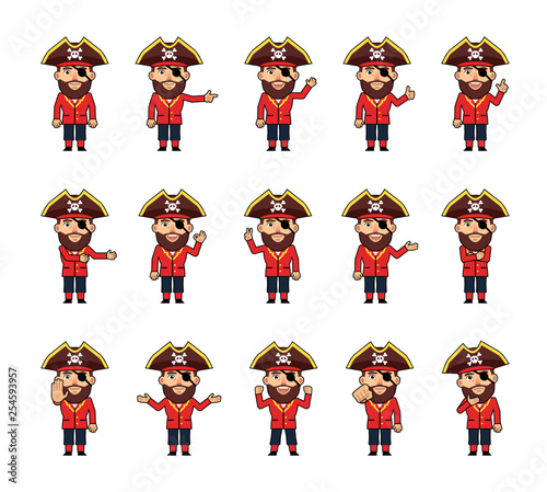 Set of chibi pirate characters showing diverse hand gestures. Funny pirate captain pointing, greeting, showing thumb up, victory, stop sign and other hand gestures. Simple vector illustration