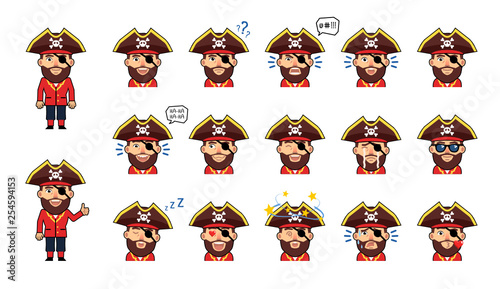 Set of chibi pirate emoticons. Pirate captain emojis showing diverse facial expressions. Angry, dazed, surprised, tired, happy, sad, sleepy, serious and other emotions. Simple vector illustration