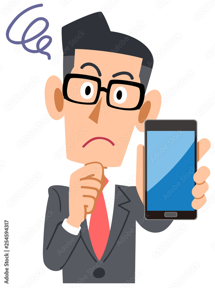 スマートフォンを持って困る眼鏡をかけたビジネスマン