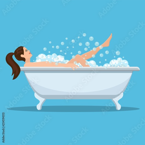 Woman taking a bath. Relaxing girl in bathroom. Vector illustration in flat style