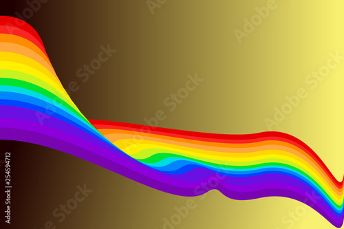 Rainbow flag blow on gold colored background, colorful stripes, followed LGBT pride flag, the colored symbol of LGBTQ (lesbian, gay, bisexual, transgender, and questioning). Vector illustration.