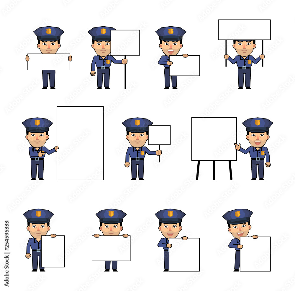 Set of policeman characters posing with various blank banners. Funny police officer holding paper, poster, placard, pointing to whiteboard. Teach, advertise. Simple vector illustration