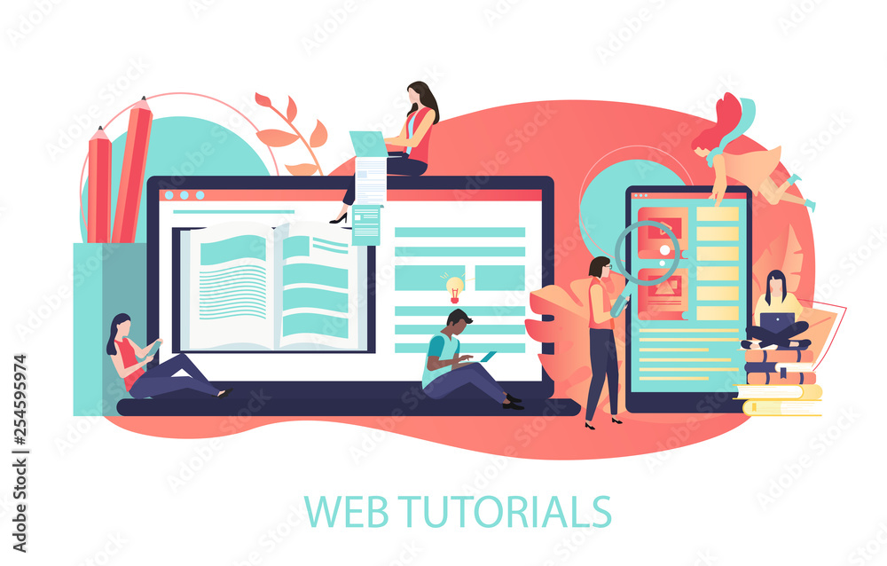 Web tutorials. Color illustration with laptop, smartphone and people study, flat style. - obrazy, fototapety, plakaty 