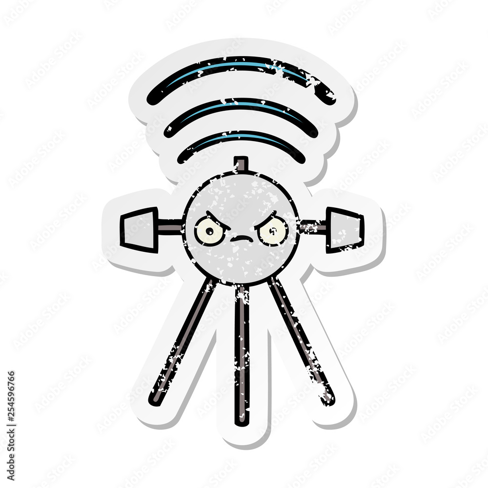 distressed sticker of a cute cartoon satellite distressed sticker of a cute cartoon satellite