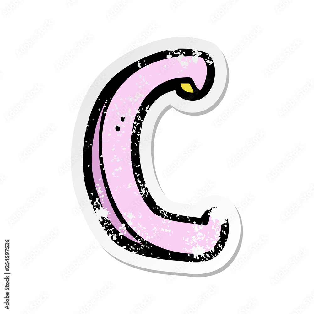 retro distressed sticker of a cartoon letter C retro distressed sticker of a cartoon letter C