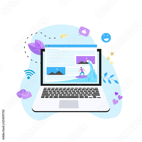 Surfer surfing a wave web page vector illustration. Web page surfing concept.