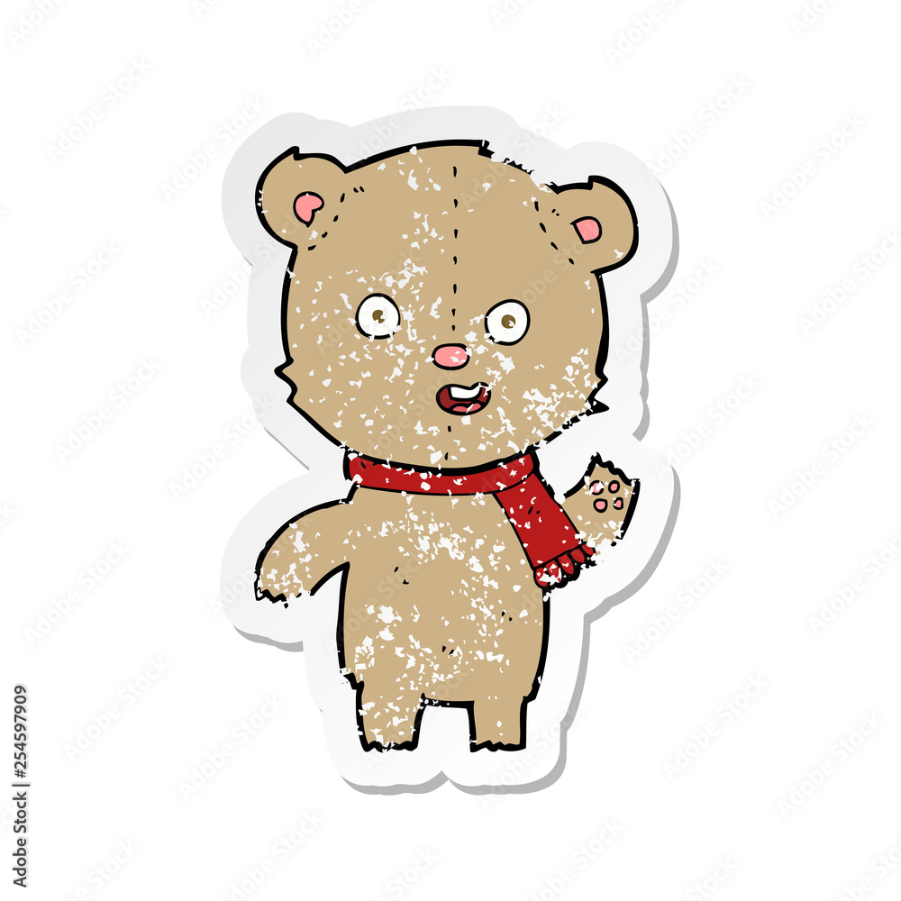 retro distressed sticker of a cartoon waving teddy bear with scarf retro distressed sticker of a cartoon waving teddy bear with scarf