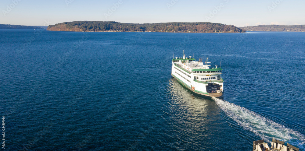 Aerial View Ferry Crossing Puget Sound Headed For Vashon Island