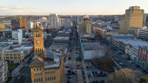 Aerial View Over Downtown Tacoma Washington Broadway Market Streets