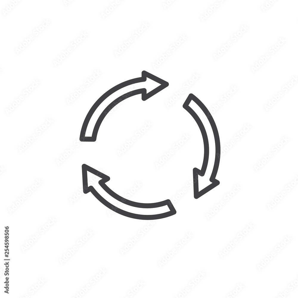 Three circular arrows line icon. linear style sign for mobile concept and web design. Synchronize arrows outline vector icon. Symbol, logo illustration. Pixel perfect vector graphics Three circular arrows line icon. linear style sign for mobile concept and web design. Synchronize arrows outline vector icon. Symbol, logo illustration. Pixel perfect vector graphics