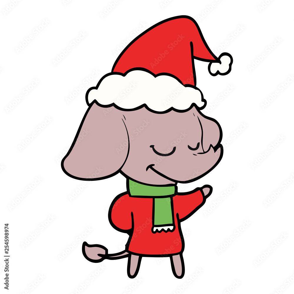 line drawing of a smiling elephant wearing scarf wearing santa hat line drawing of a smiling elephant wearing scarf wearing santa hat