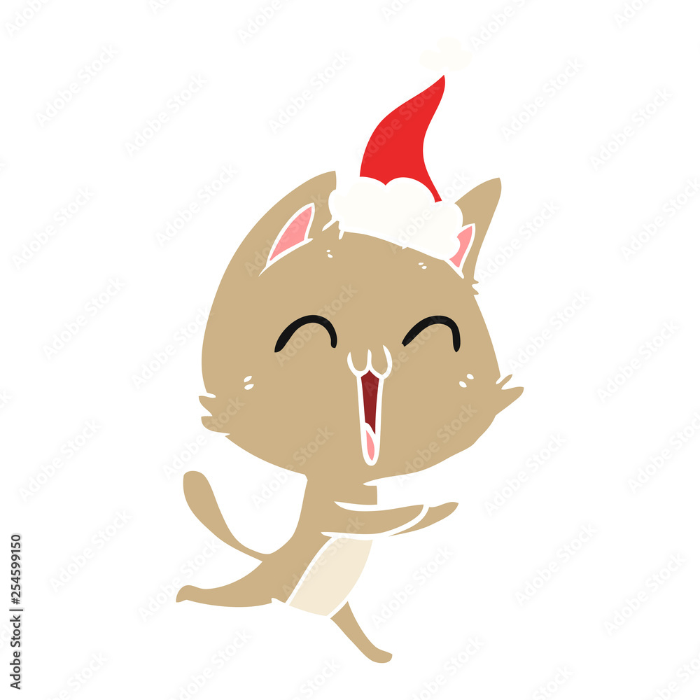 happy flat color illustration of a cat meowing wearing santa hat happy flat color illustration of a cat meowing wearing santa hat