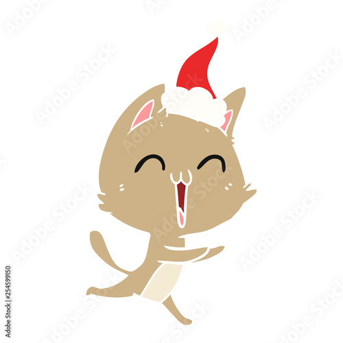 happy flat color illustration of a cat meowing wearing santa hat