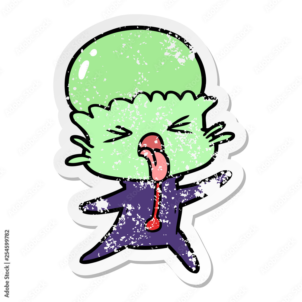 distressed sticker of a weird cartoon alien distressed sticker of a weird cartoon alien