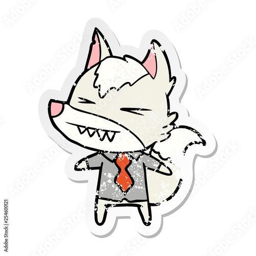 distressed sticker of a angry wolf boss cartoon