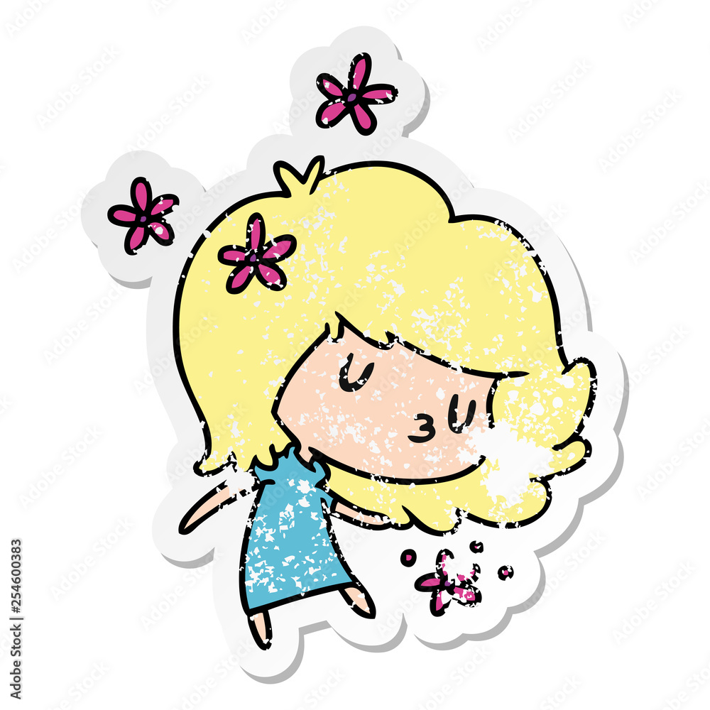 distressed sticker cartoon of a cute kawaii girl